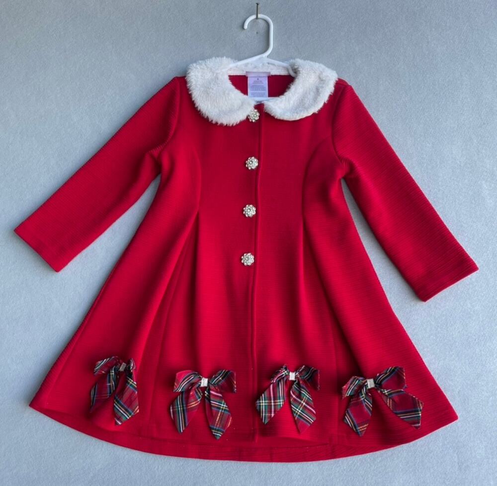 BLUEBERI BOULEVARD GIRLS HOLIDAY RED SWING COAT FAUX FUR COLLAR  - SIZE 5